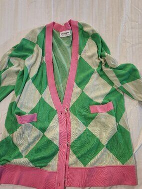 First Love by Lovelyn Harlequin Diamond Cardigan Green Pink Viscose M